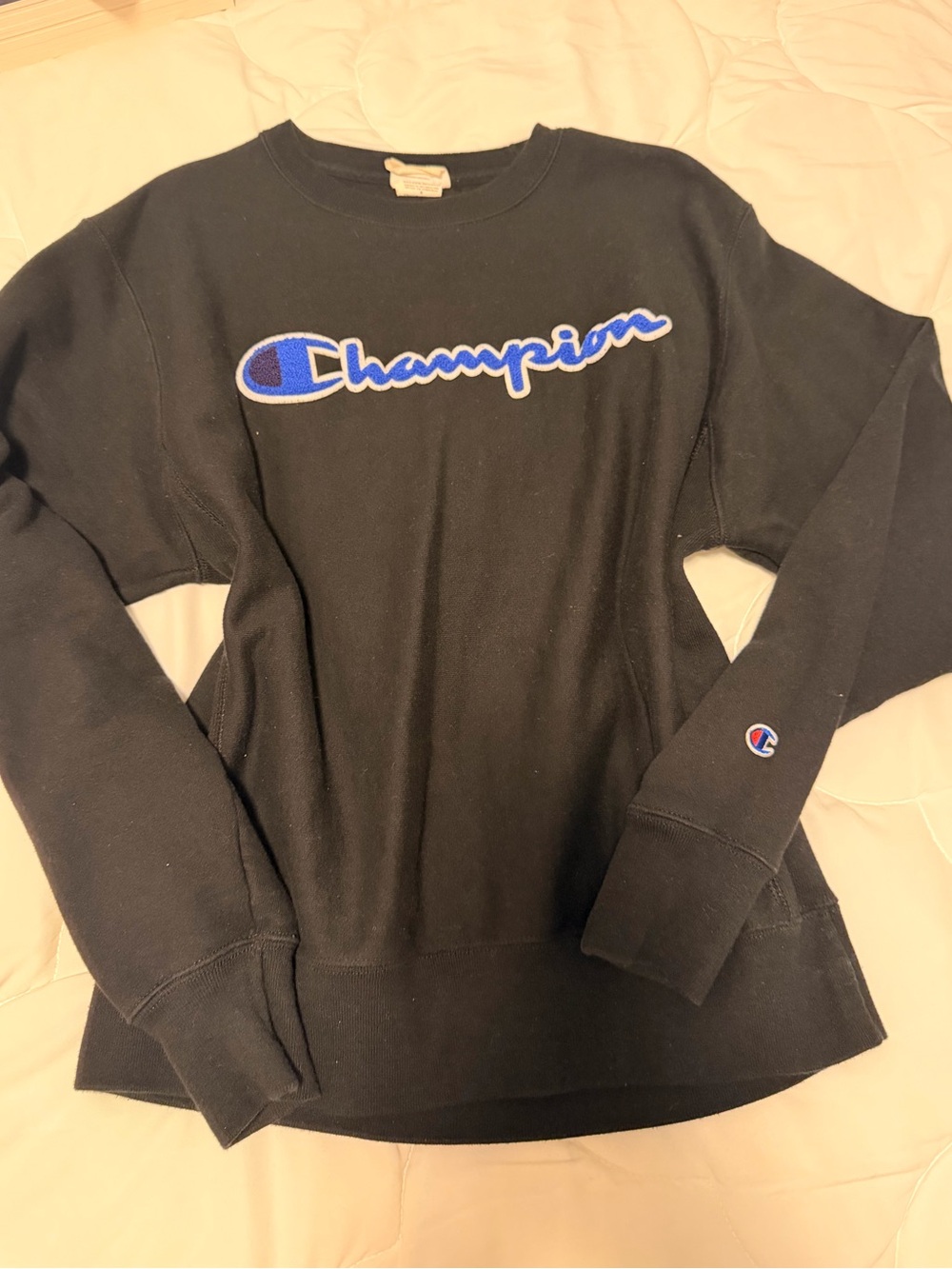 Champion Black Crew Sweatshirt with Blue Script